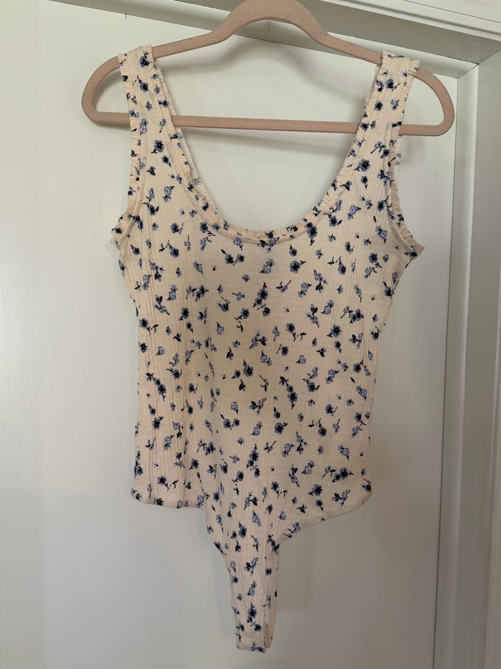 wild fable Cream Floral Ribbed Bodysuit with Navy Print